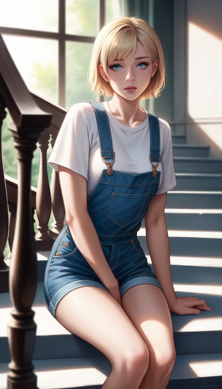 A woman with an angelic face and short (natural blonde) hair, blue eyes, sitting casually on a staircase of a building, wearing a white shirt with overalls and short black shorts, detailed face, intricate clothing folds, ambient lighting, photo-realistic, cinematic, warm color tones, dramatic shadows, architectural elements, depth of field