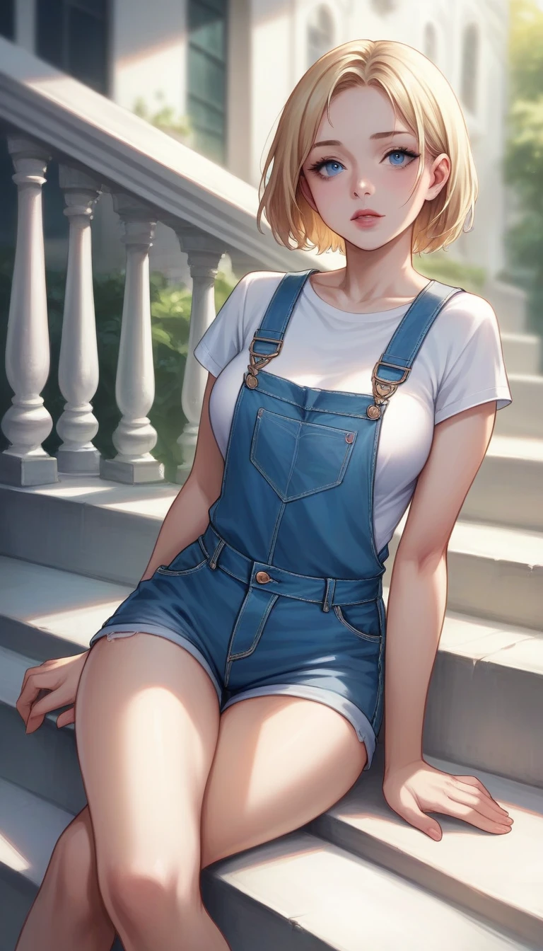 A woman with an angelic face and short (natural blonde) hair, blue eyes, sitting casually on a staircase of a building, wearing a white shirt with overalls and short black shorts, detailed face, intricate clothing folds, ambient lighting, photo-realistic, cinematic, warm color tones, dramatic shadows, architectural elements, depth of field