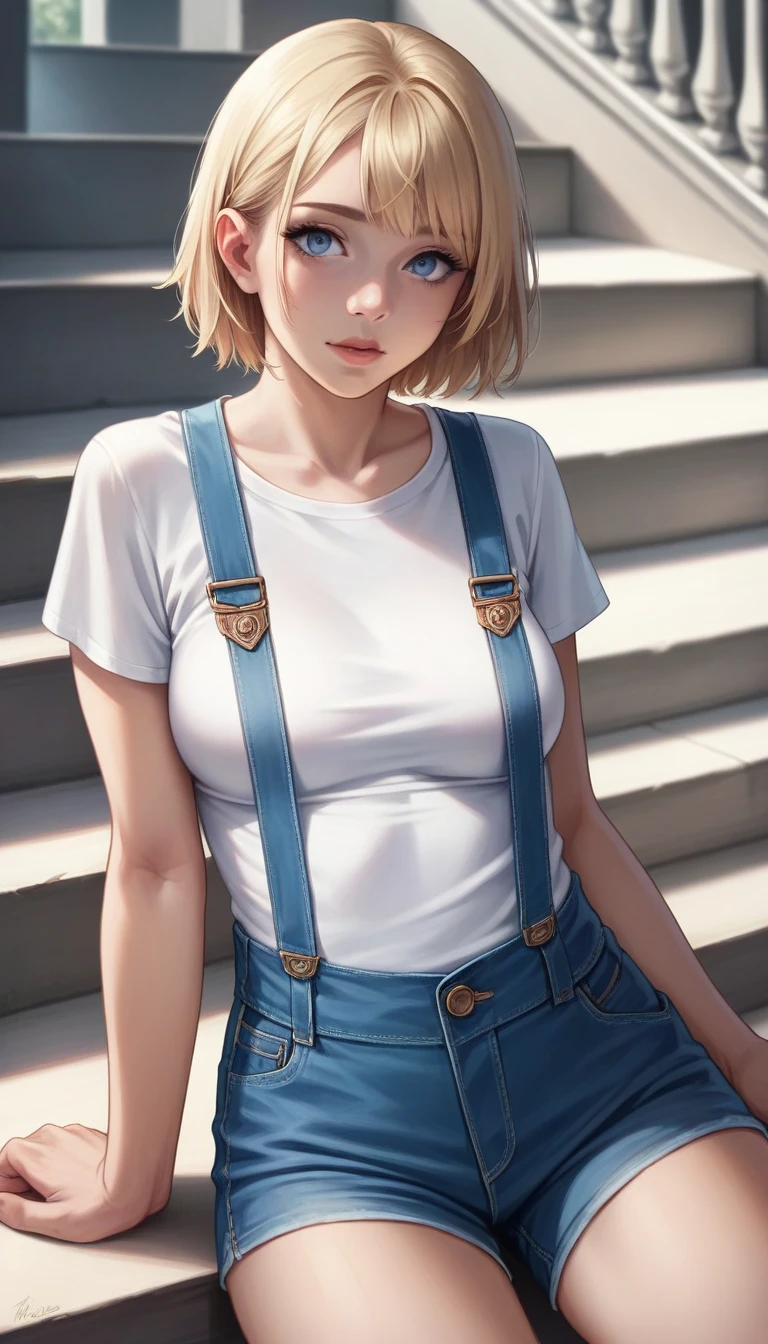 A woman with an angelic face and short (natural blonde) hair, blue eyes, sitting casually on a staircase of a building, wearing a white shirt with overalls and short black shorts, detailed face, intricate clothing folds, ambient lighting, photo-realistic, cinematic, warm color tones, dramatic shadows, architectural elements, depth of field