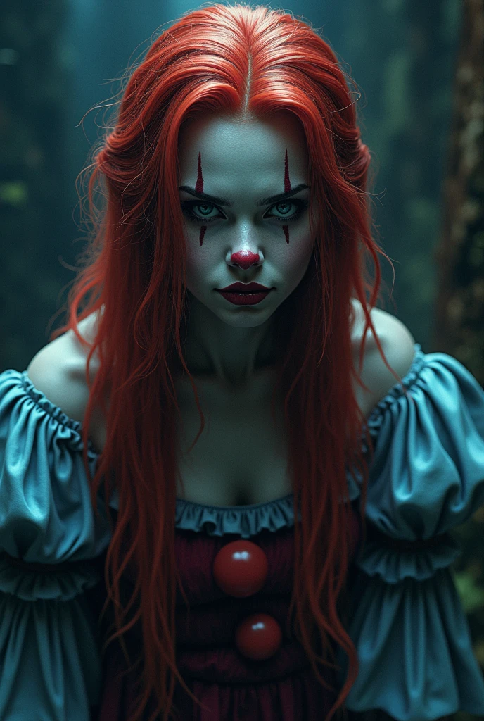 Pennywise girl version,long red and blue hair black eyes and red and blue clothes