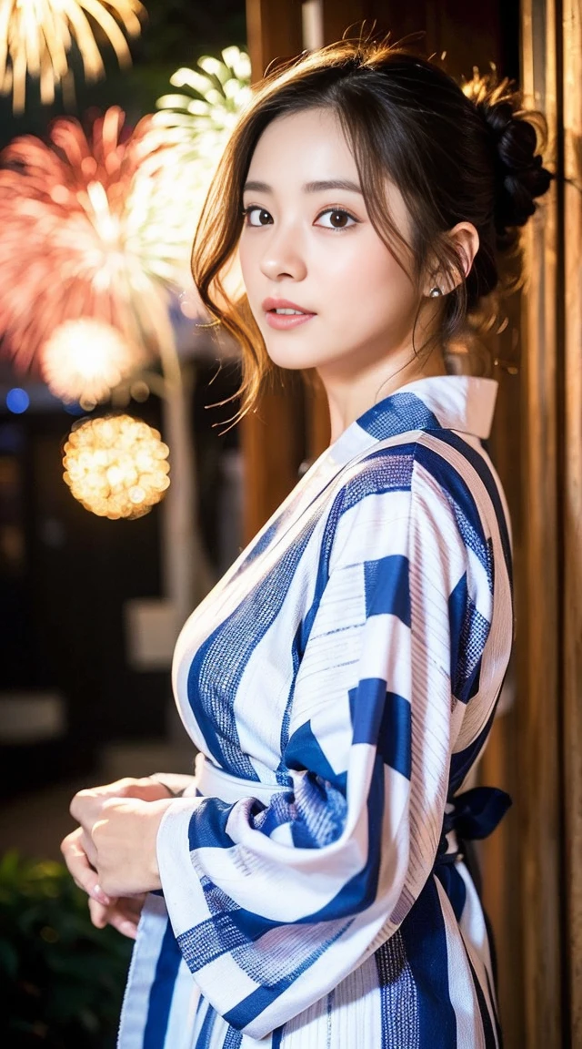 Dark brown hair、Light brown eyes、Japanese actress、 Lady、I am about 40 years old..、(Intricate details:1.2)、(Which is higher???:1.4)、 (Ultra-high resolution:1.2)、Ultra-high resolution、(Fine-tune)、(Detailed facial features)、Hmph、8k resolution、D cup size breasts、Long Hair、Hue、night、,Full body photo、firework、yukata、firework大会、日本のfirework、日本のyukata、band、Summer in Japan、Updo、