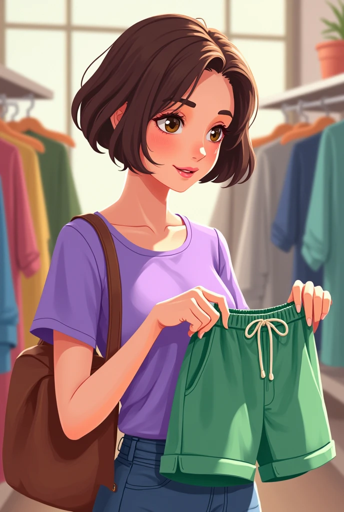 2D style girl , short brown hair and purple shirt,buying green shorts
