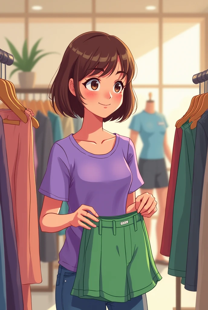 2D style girl , short brown hair and purple shirt,buying green shorts