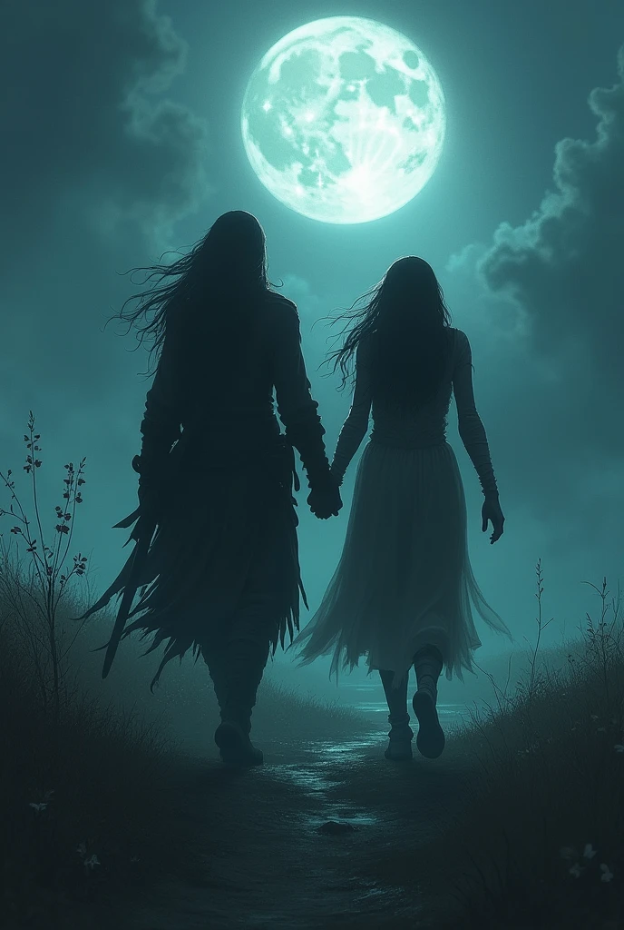 Walk together, in silence, in the moonlight,
Uncovering secrets the wind can whisper.
The maiden reveals her sorrowful fate,
A curse that her life persists.
The Hunter, with courage and determination,
She vows to fight, Break free from this prison.