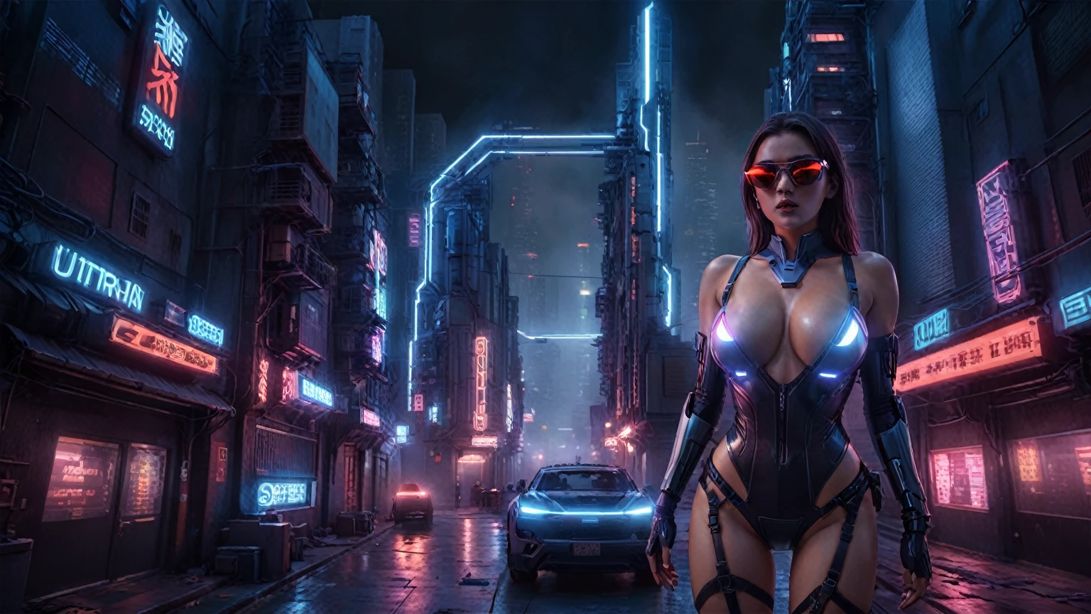 (High view). There's a cyborg woman (8k) wearing a futuristic leotard (best quality) standing in a cyberpunk city alley at night, darksynth aesthetic, red neons, haze, 1drone, foggy night, ultra detailed, photorealistic, (1girl, solo, alone), large-:1.2 slim body, cleava(black sunglasses), (holding a pistol), half-body thigh level medium shot, cinematic lighting, ray tracing.