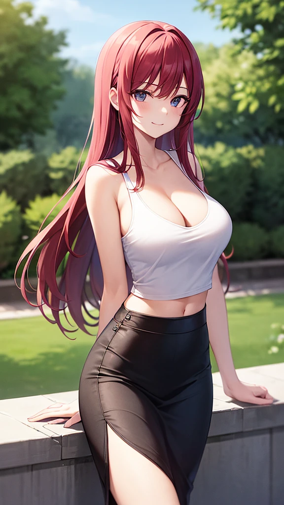 masterpiece, best quality, high detail, beautiful woman, long hair, straight hair, red hair, large bust, cleavage, white tank top cropped, black maxi pencil skirt, long black pencil skirt, midriff, upper body, wide hips, sneakers, looking at viewer, light smile, garden, backyard,