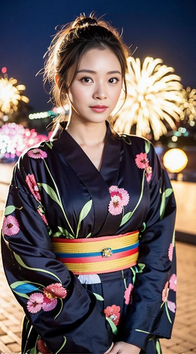 Dark brown hair、Light brown eyes、Japanese actress、 Lady、I am about 40 years old..、(Intricate details:1.2)、(Which is higher???:1.4)、 (Ultra-high resolution:1.2)、Ultra-high resolution、(Fine-tune)、(Detailed facial features)、Hmph、8k resolution、D cup size breasts、Long Hair、Hue、night、,Full body photo、firework、yukata、firework大会、日本のfirework、日本のyukata、band、Summer in Japan、yukata姿、Updo、