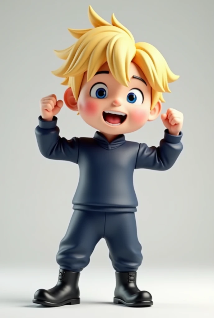 Create a mascot that is much more very animated with super animated 3D hands   , I want a male character with blonde short bangs hair, wearing a dark blue uniform with pants, no logo, no details, and black boots with a full HD image. , 