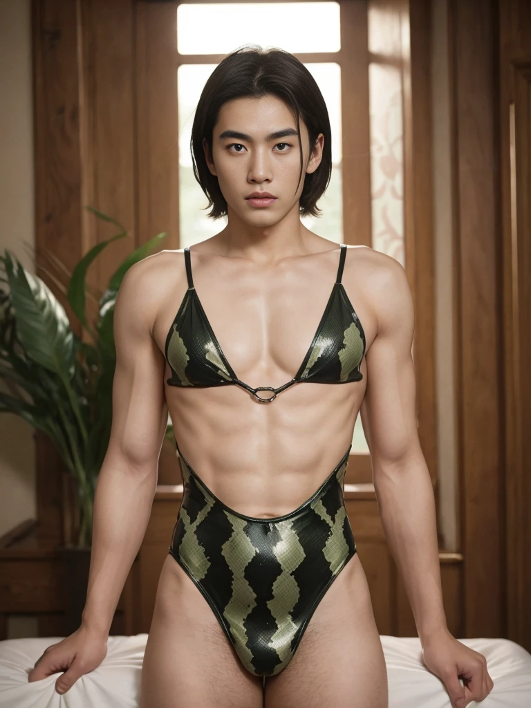 Korean man , ager, latex、translucent snake print ,Green Snake pattern leotard、bulge , Visible up to the legs、whole body , realistic good looking Korean face , Natural Muscle , Beardless face、masterpiece、High resolution、Hyperrealism、Detailed face、alone、male、Glowing Skin、(Asian)、(young、teen)、good looking、Detailed Background、good looking , sexy , nsfw , eroticism , pectoral , stiff hard nipples , leotard , bare hips , bare pectoral