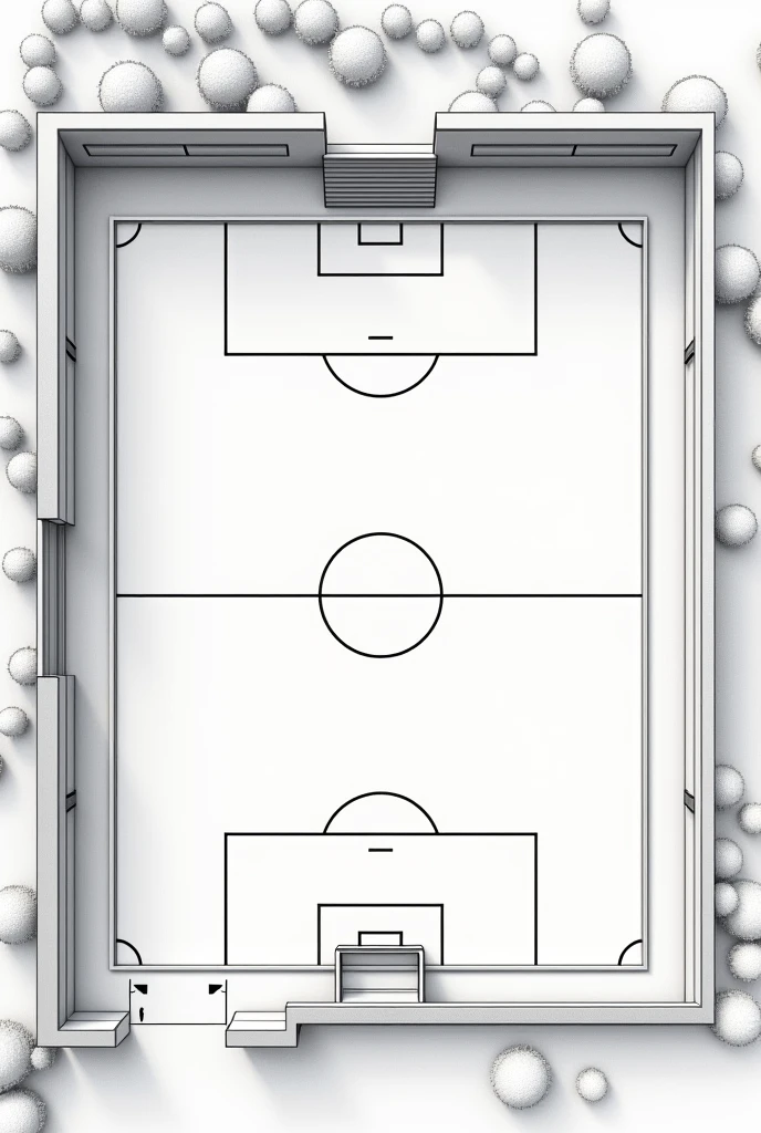 Architectural plan top view of a medium-sized indoor soccer court of a closed school (no colors)