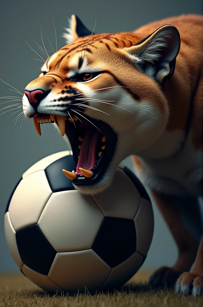 The face of a roaring puma with a soccer ball behind it