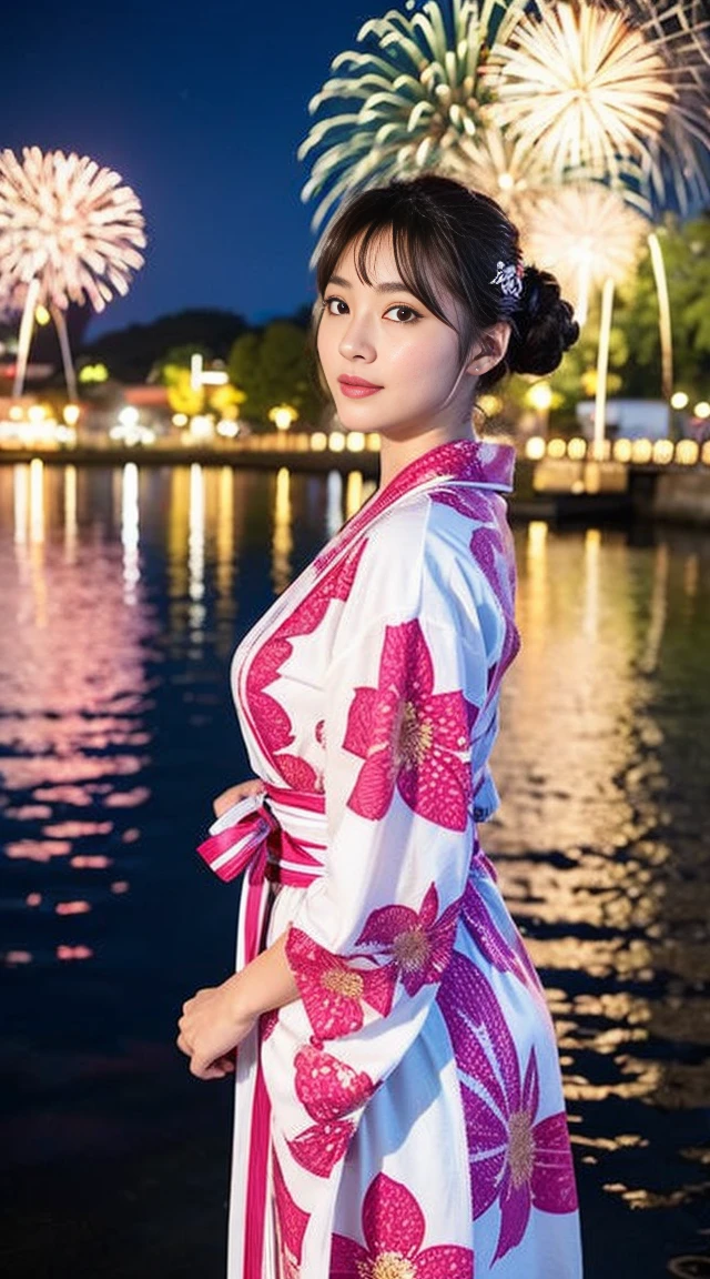 Dark brown hair、Light brown eyes、Japanese actress、 Lady、I am about 40 years old..、(Intricate details:1.2)、(Which is higher???:1.4)、 (Ultra-high resolution:1.2)、Ultra-high resolution、(Fine-tune)、(Detailed facial features)、Hmph、8k resolution、D cup size breasts、Long Hair、Hue、night、,Full body photo、firework、yukata、firework大会、日本のfirework、日本のyukata、band、Summer in Japan、yukata姿、Updo、