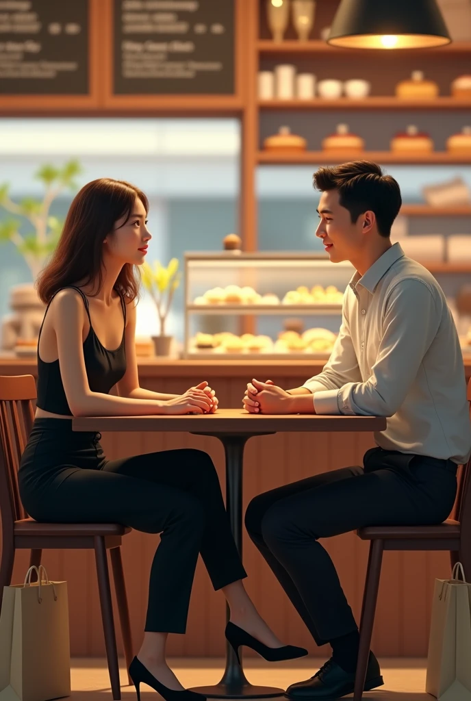 Korean woman sitting, 26 years old, loose brown hair, with a strip on the side, with tailored social pants and a black silk top with thin straps, At a pastry shop, conversing with a strong American man of 35 years old. 3 shopping bags on the floor
Realistic image in 8k