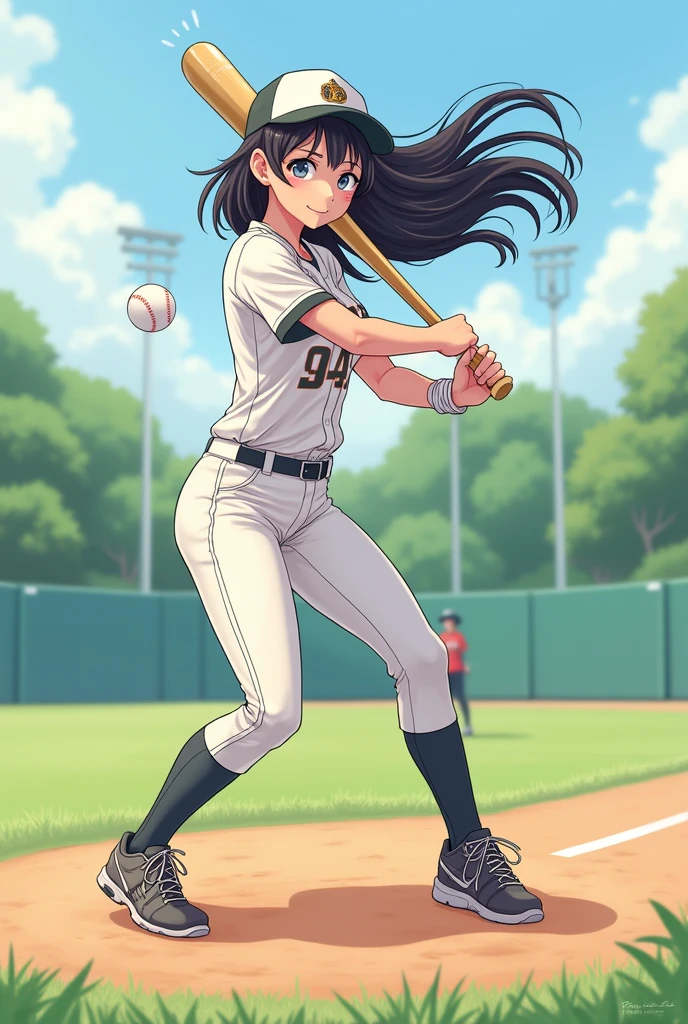 baseball　Women　Black Hair　cute　Pixiv style illustration