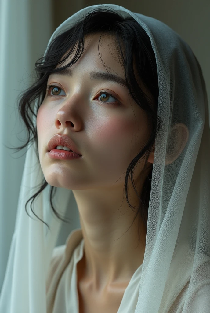 Realistic beautiful woman with a veil and her head slightly turned upwards. She is looking up with a suffering expression and tearful eyes