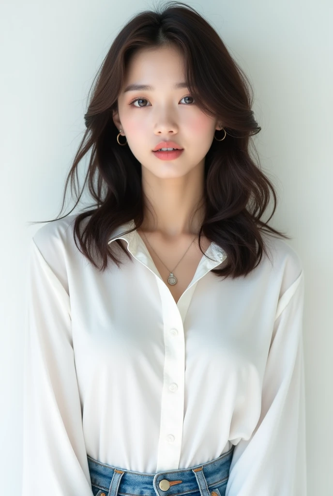Create a VERY, EXTREMELY realistic image of a Korean woman who looks a lot like Kim Jennie with wavy hair on a white background wearing a white blouse., jeans