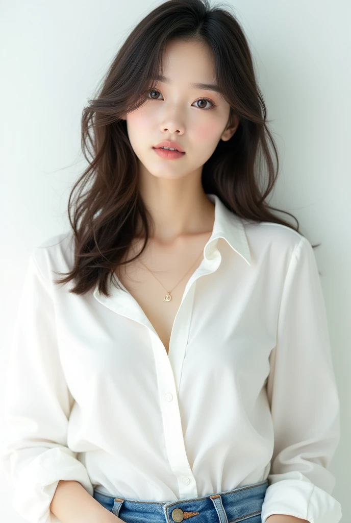 Create a VERY, EXTREMELY realistic image of a Korean woman who looks a lot like Kim Jennie with wavy hair on a white background wearing a white blouse., jeans