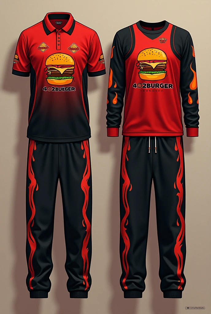 Design a complete uniform for a burger restaurant with the 402burger logo in orange and black, with a polo shirt and sweatpants that are creative and innovative with original designs and flames on the sweatshirt and t-shirt
