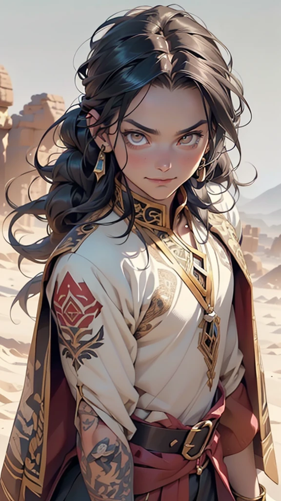((((Attila the Hun)))),man:1.5,1 man,(((1man))),((mature man)),
(((male gender:1.5,male focus))),
(((large black hair, black hair,long, braided hair, as was customary among Hun warriors))),((((thin beard dotted with gray)))),(((lustrous skin:1.5,bright skin: 1.5,skin tanned,shiny skin,very shiny skin,shiny body,illuminated skin))),(((brown_eyes:1.2))),intricate eyes,beautiful detailed eyes,symmetrical eyes,((man chest)),(((detailed face))),Strong and robust, Attila has a broad chest and strong shoulders,
fierce and terrible,
((classic tattoos of nomadic peoples)),Baggy pants and knee-length tunic, made of leather. Her lower tunic made of silk adorned with gold and precious stones, jeweled belt and a Hun-style crown,((bulge in pants)),((brown and yellow clothes theme,intricate outfit,intricate clothes)),
(dynamic pose:1.0),solo focus,((evil smile,evil look)),(centered,scale to fit dimensions,Rule of thirds),
((ash desert, land of nothingness, a lifeless desert land, there are ruins, gold)),scenery:1.25,((intricate scenery)),
(Glossy hun ornaments),highres,sharp focus,(ultra detailed,extremely detailed),(photorealistic artwork:1.37),(extremely detailed CG unity 8k wallpaper),(((vibrant colors,vibrant theme))),(intricate),(masterpiece),(best quality),artistic photography,(photography taken by sldr),(intricate background),perfect rendered face,perfect face details,realistic face,photo realistic,((intricate detail)),(((realism))),