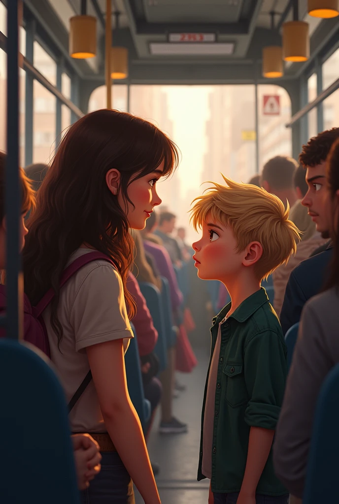Now generate an image of a young woman meeting a boy on a bus