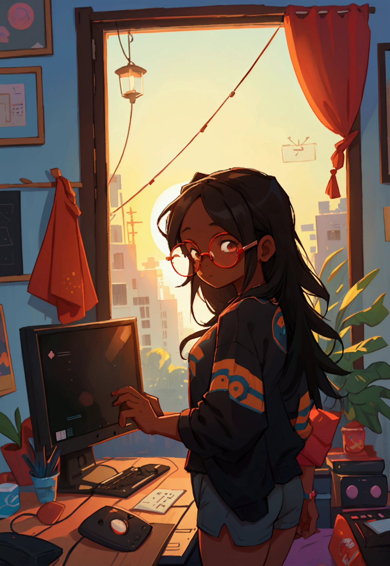 black female character, dark skinned, black girl, 30, long hair, brown eyes, blue light, baggy shirt, yoga shorts, rockstar, typing at a computer red glasses, programmer, gamer, panoramic window view of neighborhood, sunset, luxury decor