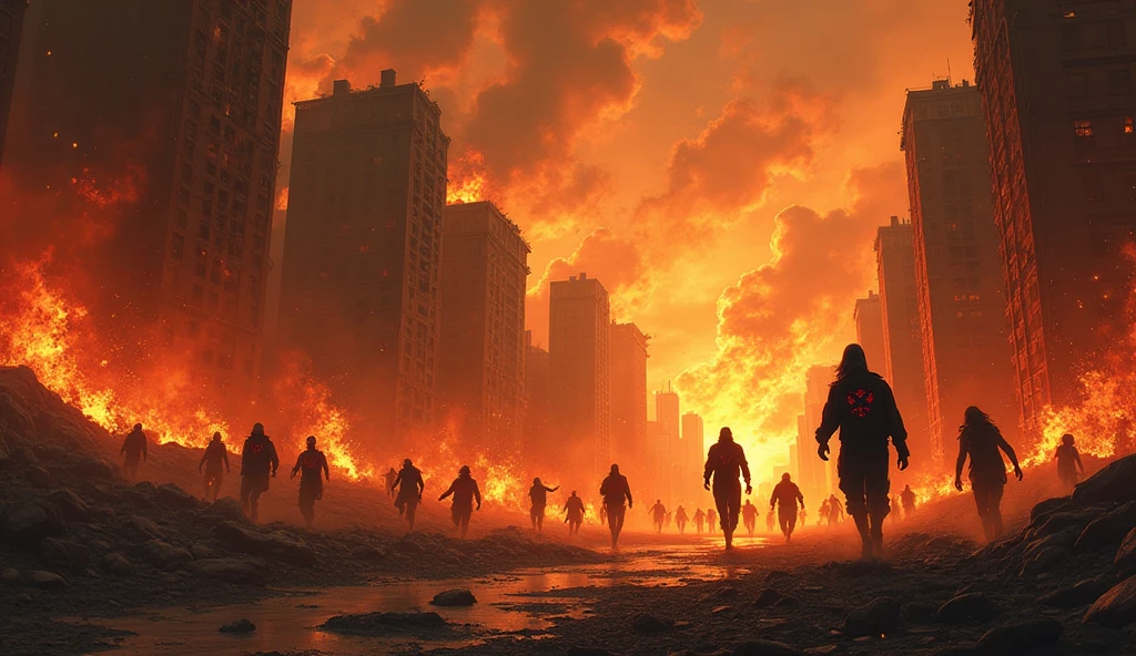 work of art, best qualityer, ultra detali, illustration,burning buildings, apocalyptic environment, demons, humans running, pandemic, end of world, muito fire, fire, fire, fire, fire, fire