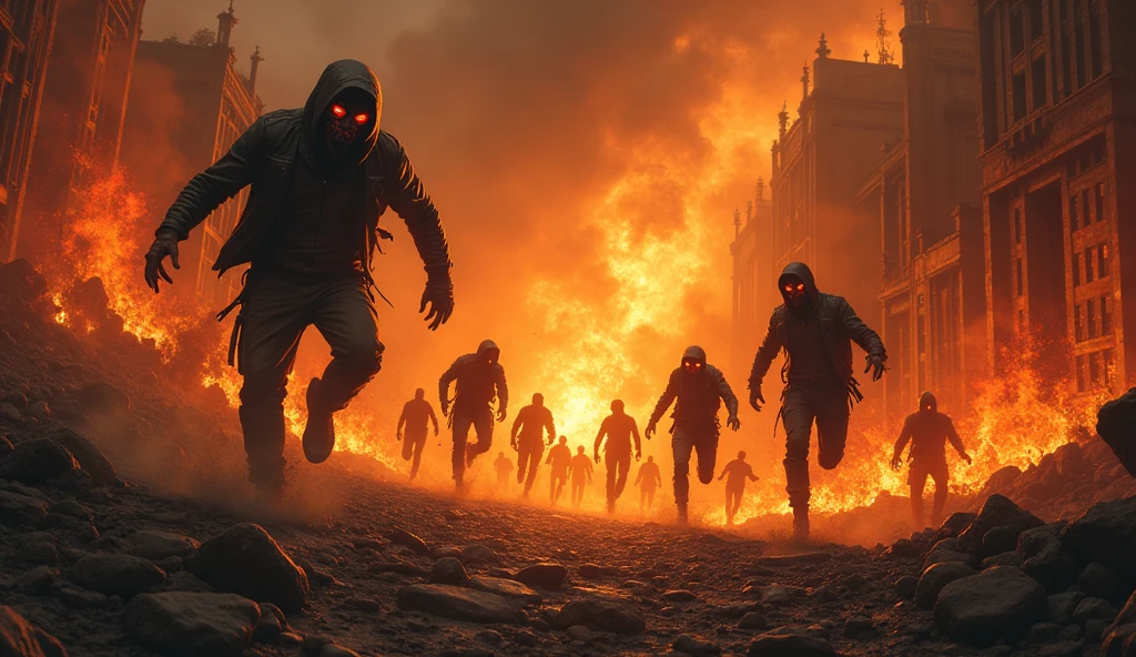 work of art, best qualityer, ultra detali, illustration,burning buildings, apocalyptic environment, demons, humans running, pandemic, end of world, muito fire, fire, fire, fire, fire, fire