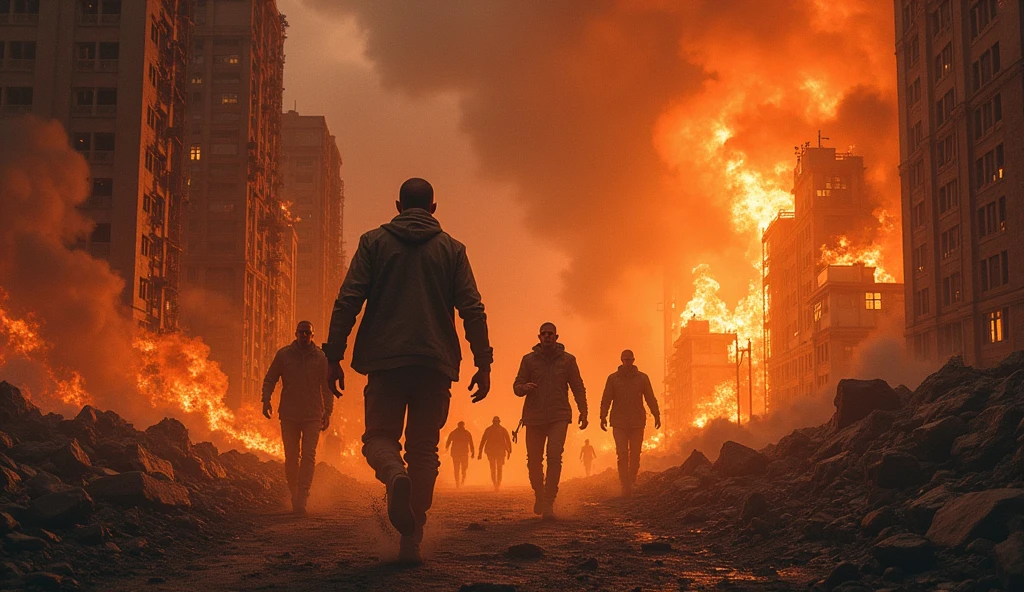work of art, best qualityer, ultra detali, illustration,burning buildings, apocalyptic environment, demons, humans running, pandemic, end of world, muito fire, fire, fire, fire, fire, fire