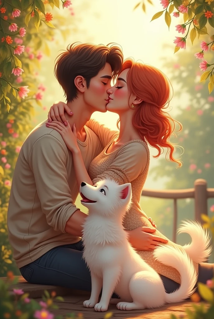 A couple of lovers kissing and below a white fluffy dog, cheered up