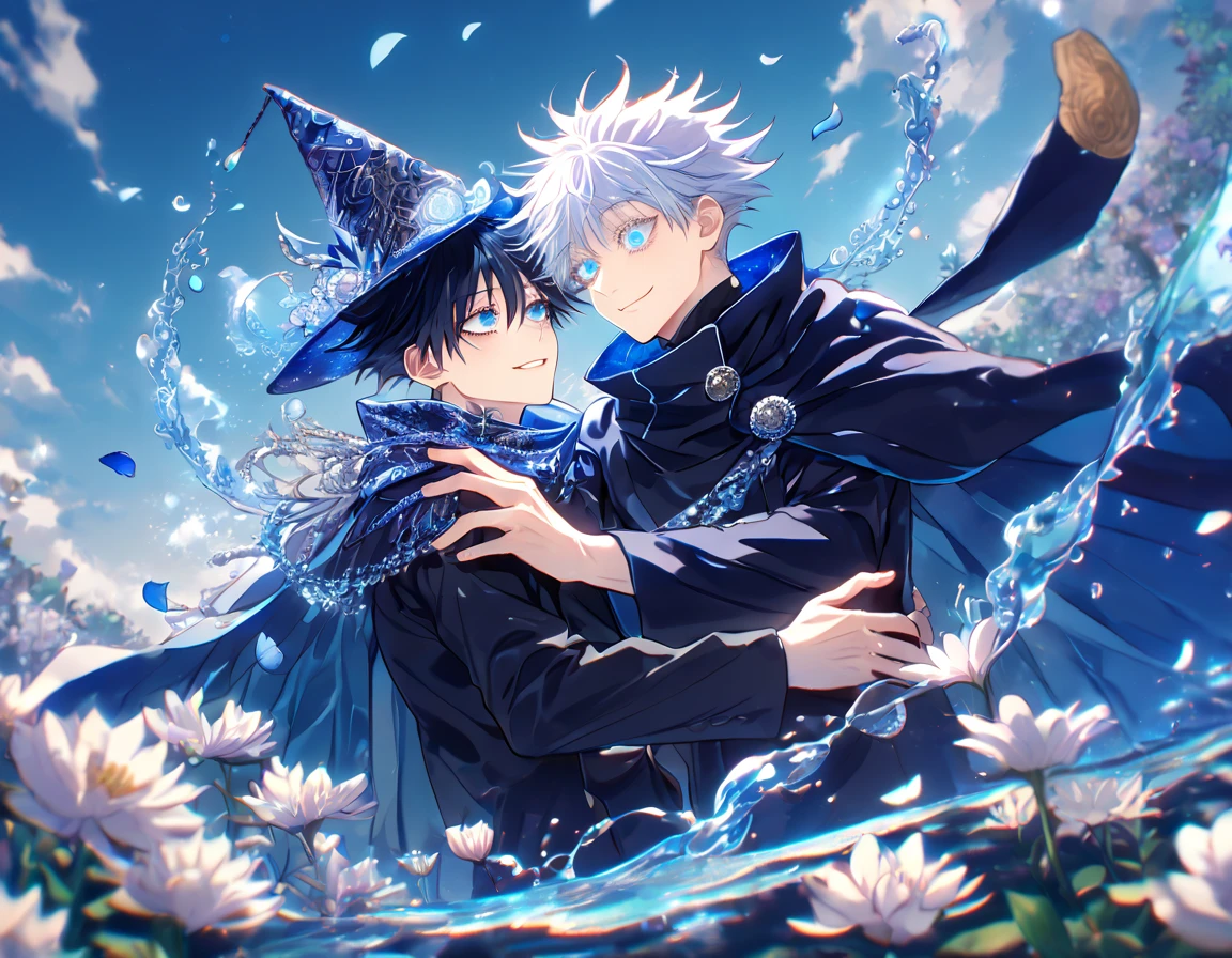 absurdres, highres, ultra detailed, HDR, master piece, Gojou Satoru, white hair with bangs, white eyelashes, expressive blue eyes, Fushiguro Megumi, black hair, expressive blue eyes, expressive blue eyes, Jujutsu Kaisen, magical hat, cute, best quality, blue moon, flowers, fantasy, magical, two sexy man hugging, yaoi, gay couple, water, blue shining fireflies, blue petals, cape, smiling,