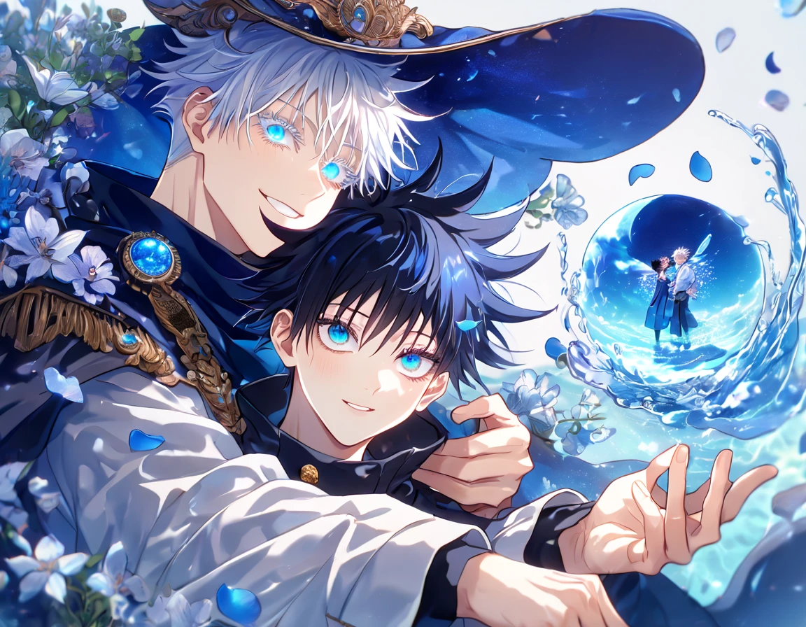 absurdres, highres, ultra detailed, HDR, master piece, Gojou Satoru, white hair with bangs, white eyelashes, expressive blue eyes, Fushiguro Megumi, black hair, expressive blue eyes, expressive blue eyes, Jujutsu Kaisen, magical hat, cute, best quality, blue moon, flowers, fantasy, magical, two sexy man hugging, yaoi, gay couple, water, blue shining fireflies, blue petals, cape, smiling,