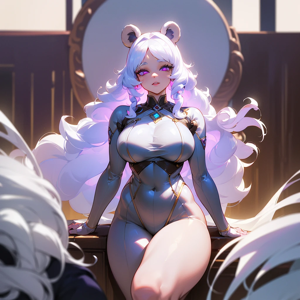 ((ultra quality)), ((masterpiece)), ((Angelic beauty woman)), ((long white curly hair)), ((White hair)), ((fluffy white hair)), ((curly hair)), (beautiful face), (beautiful thick lips), Enchanting ((Calm facial expression)), looks at the camera with a slight smile, (White skin color), (White skin), glow on the body, ((detailed eyes)), ((Brown Bear Costume)), ((animatronic)), ((violet eyes)), (juicy female lips), (dark eyeliner), (beautiful female hands), ((thick body)), ideal female body, ((teddy bear)), beautiful waist, beautiful big hips, big breasts, thick thighs, ((threatening and beautiful)) (), ((depth of field)), ((high quality clear image)), (delete details), ((High detail)), ((clear focus))