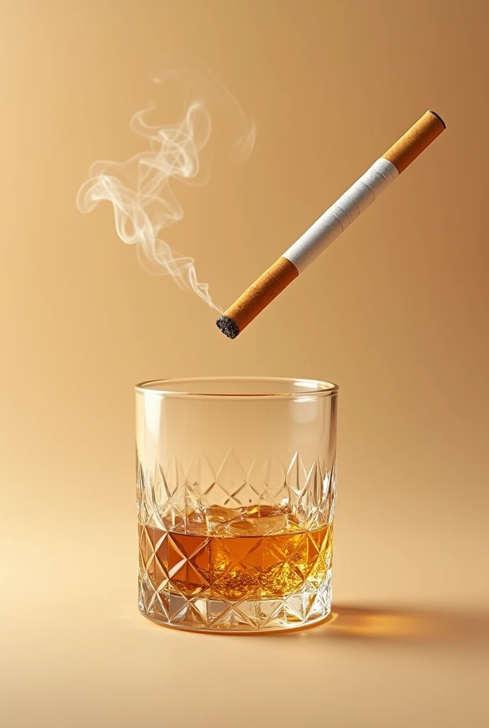 smaller short glass of wiskey with many cristal details and ice inside taking a realistic photo with beige background and in the air with a brown cigarrete outside of the glass bigger