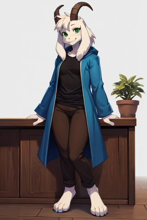 girl, alone, white background, hairy, anthropomorphic goat, den, animal body, asriel, undertale, medium breasts, big ass, medium wide hips, slender body, tall stature, green eyes, cartoon, smile, blue coat, black t-shirt , brown pants, facing the viewer, barefoot, anthro feet.