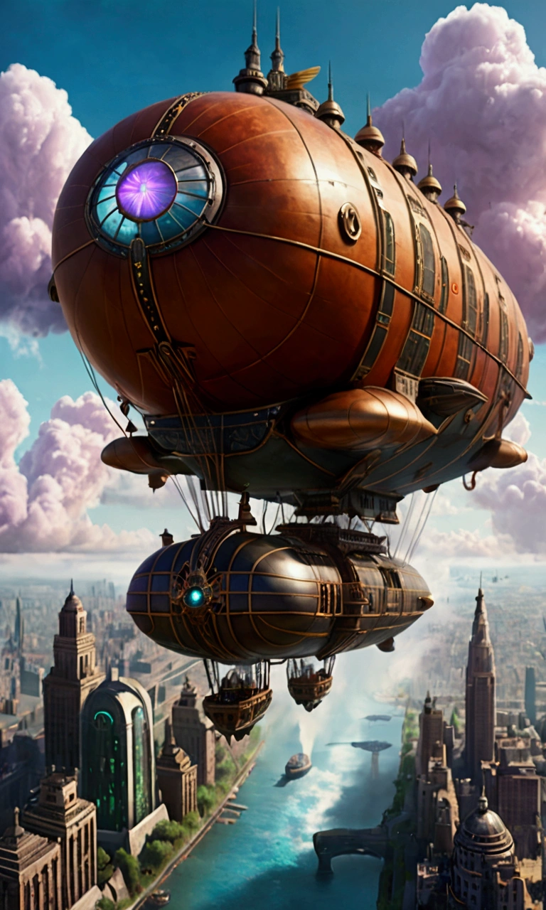 airship flying Over vaporpunk city, vapor, Super detailed