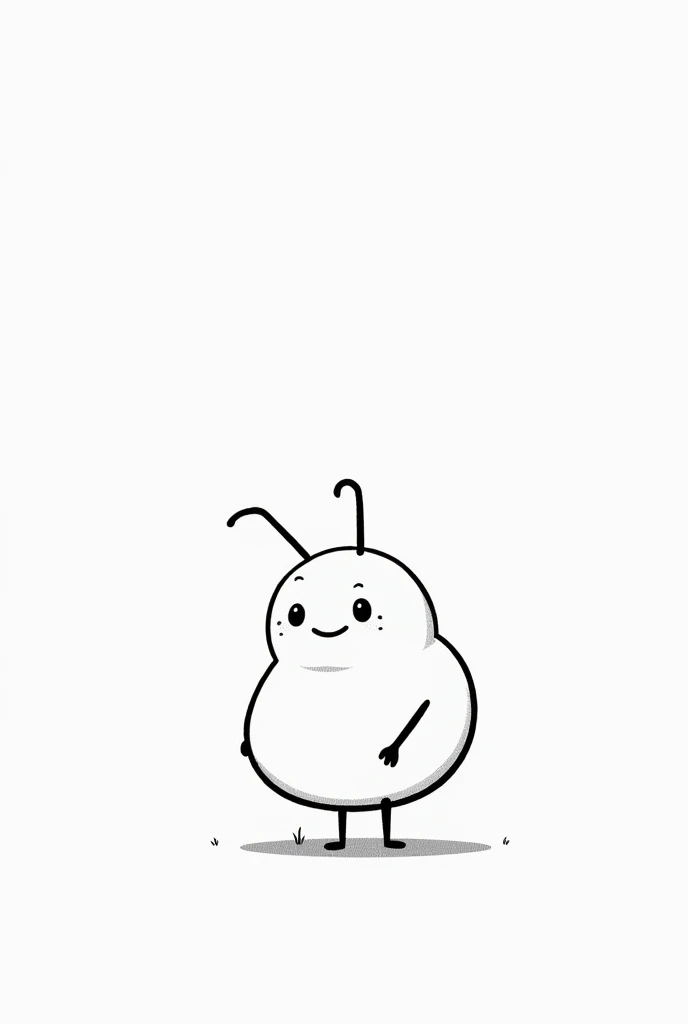 A very simple drawing with a stick figure style, not realistic, of a fat ant standing and smiling., in black and white
