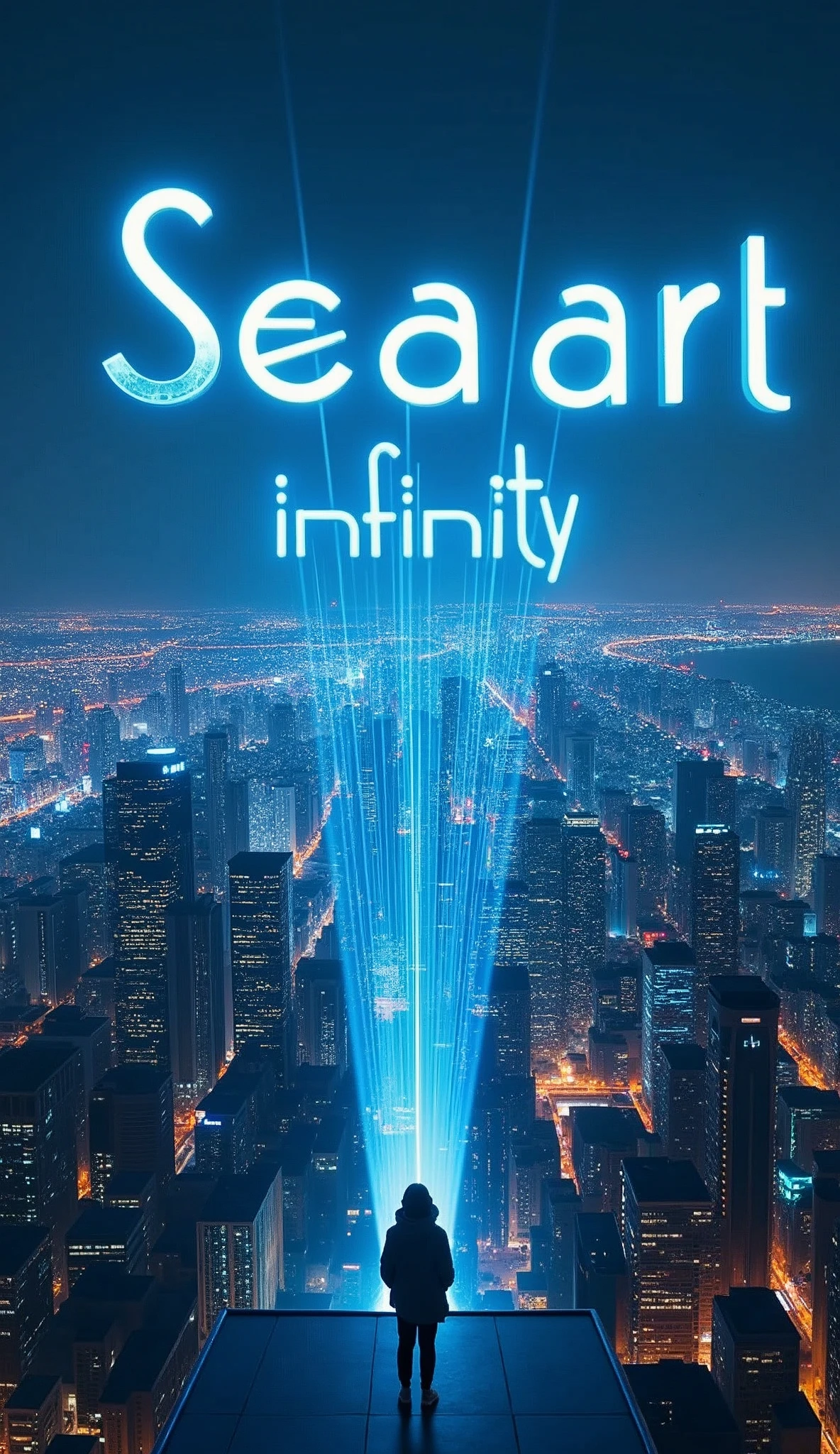 Landscape Photography,Shot from an airplane,(Holographically from a skyscraper in a futuristic city"The words "Seaart infinity" are projected into the night sky:2.0),(masterpiece:1.2,Highest quality,Ultra-high resolution,Very detailed,8k,Realistic,Best aesthetics),beautiful,(dynamic)