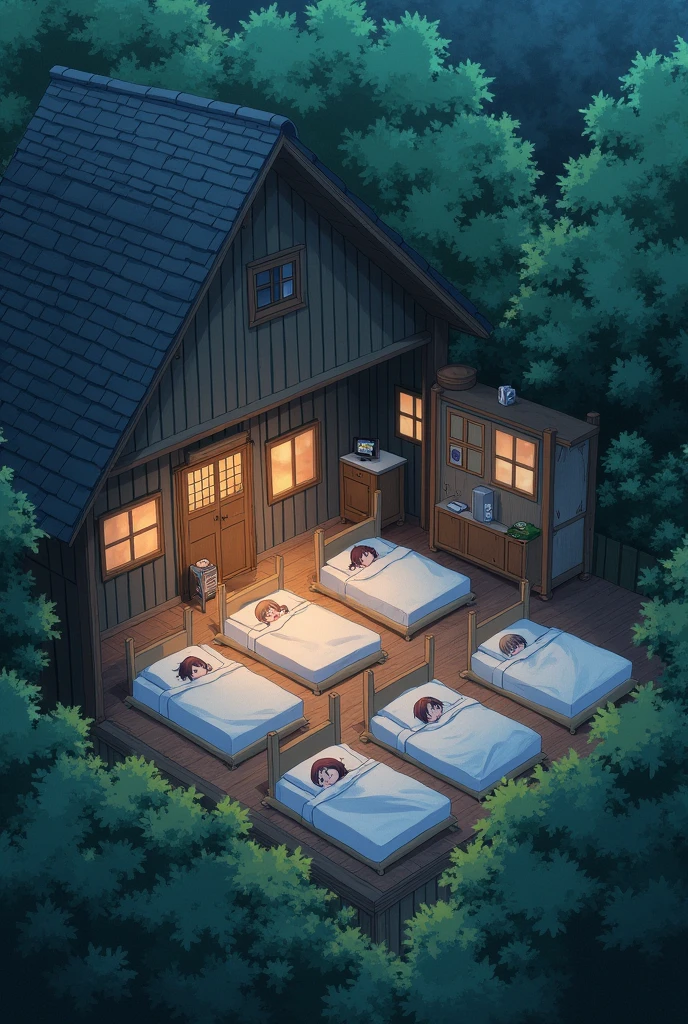 House in the woods full of high school girls in their night time clothes all sleeping in a big room with 6 beds 
