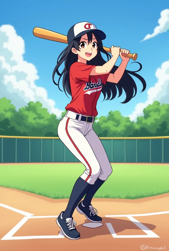 baseball　Women　Black Hair　cute　Pixiv style illustration