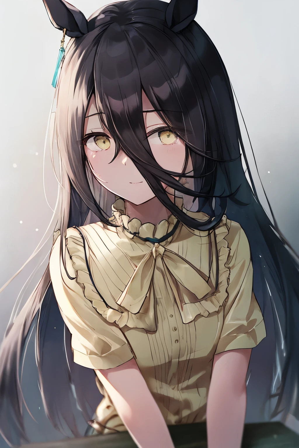 (Tabletop.Highest quality).(Dynamic Angle). (Amazingly detailed CG paintings),(Perfect image)、Comic Strip.shape.One Girl.Detailed face、Perfect Face.Delicate face、Girl in delicate clothes、Textured skin、Black Hair.length、(Horse-eared girl)Horse-eared girl、((Beautiful yellow eyes)).Delicate and beautiful eyes、The eyes are detailed、Reflective eyes、Watery eye、smile.(Gazing at the audience:1.3).(Face is a little red:0.8)、8k wallpaper、Cowboy Shot、reflected light、Attention to detail、Complex、Delicate background、Textured skin、Detailed skin、(Ultra-high resolution)、