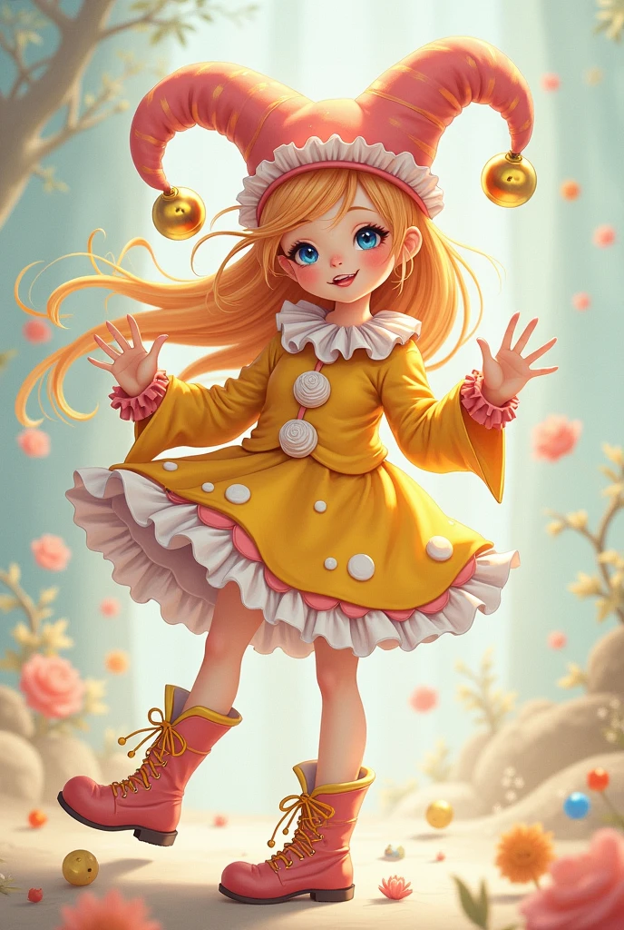 Generate me a jester girl, full body, that is short, has strawberry blond long twintails, wears pastel colored clothes that are mostly yellow pink and white, give her a jester hat and a lot of accessories