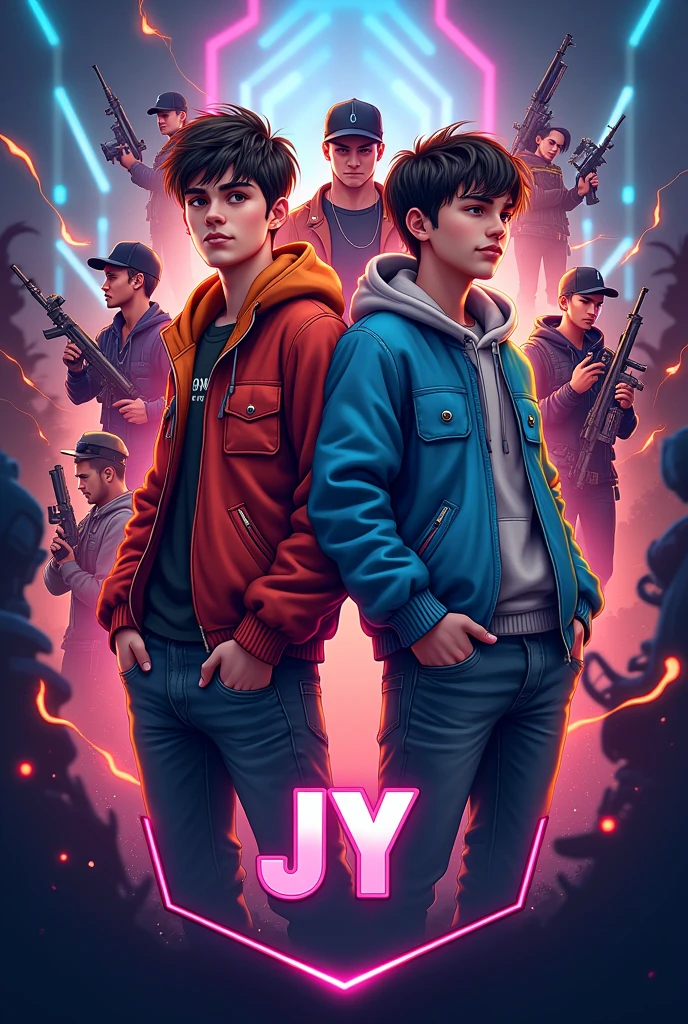 Create a logo of a couple of boyfriends dressed in youthful clothing with a range of Free Fire masters and put the initials J and Y below.