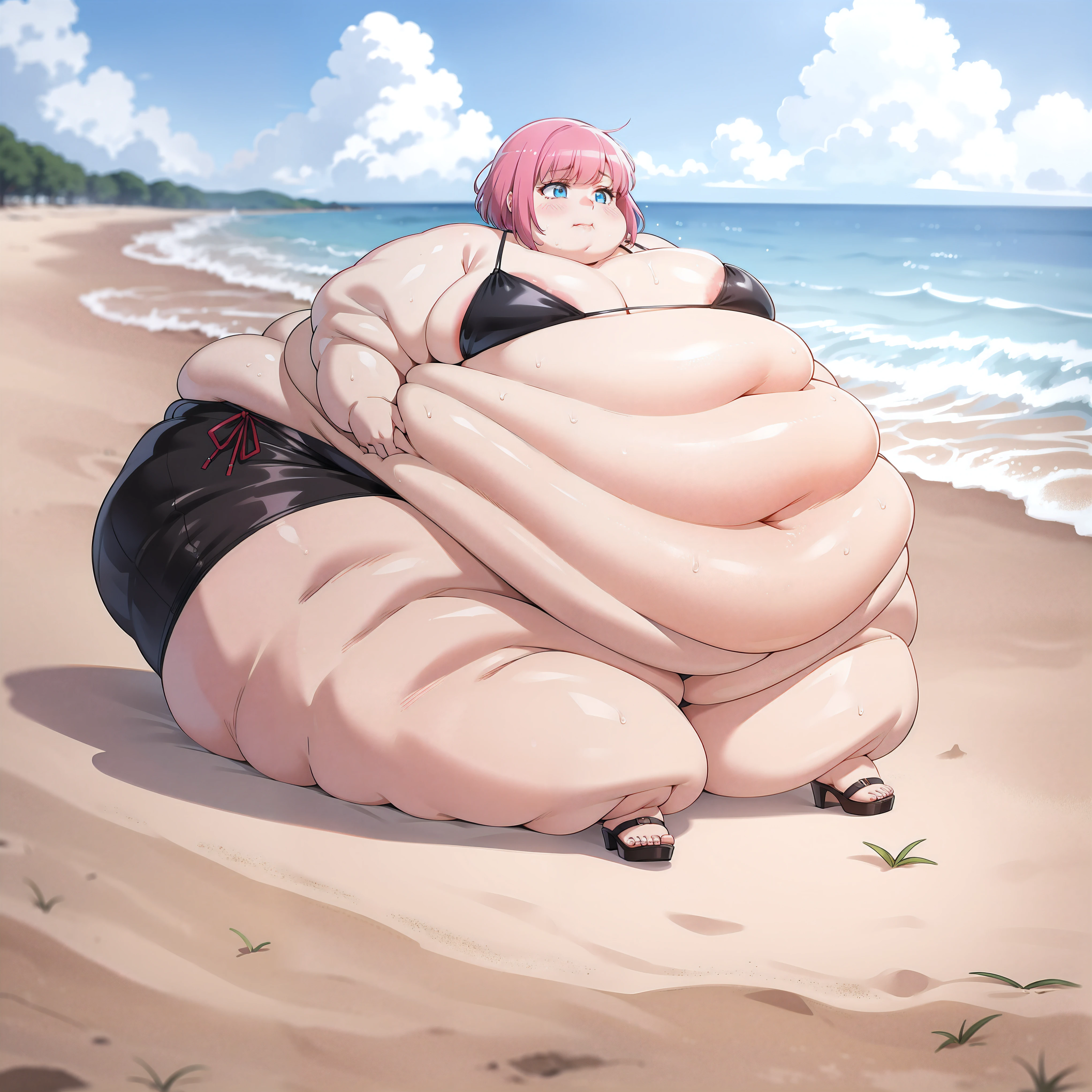 baby girl , short hair, short pink hair, blue eyes, clear skin, fat belly, fat cheeks, fat and chubby arms, fat and chubby feet, huge fat ass, huge tits, big wide fat thighs, huge round fat belly, covered in rolls of fat, fat vagina, fat ball of grease, morbid obesity, very obese, overweight, bikini, black heels, on the beach,detailed background, ((full body image)),