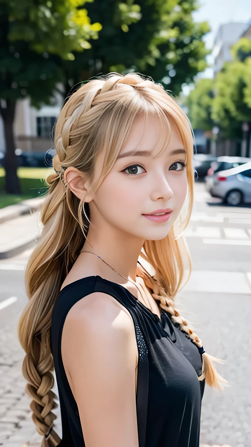 Sexy Big 、Sexy cute looks and cute  beautiful girl, beautiful and sexy face、A strong wind blows my hair in front of my face、beautiful long blonde French braided hair、beautiful, Cute and sexy eyes hidden behind long bangs