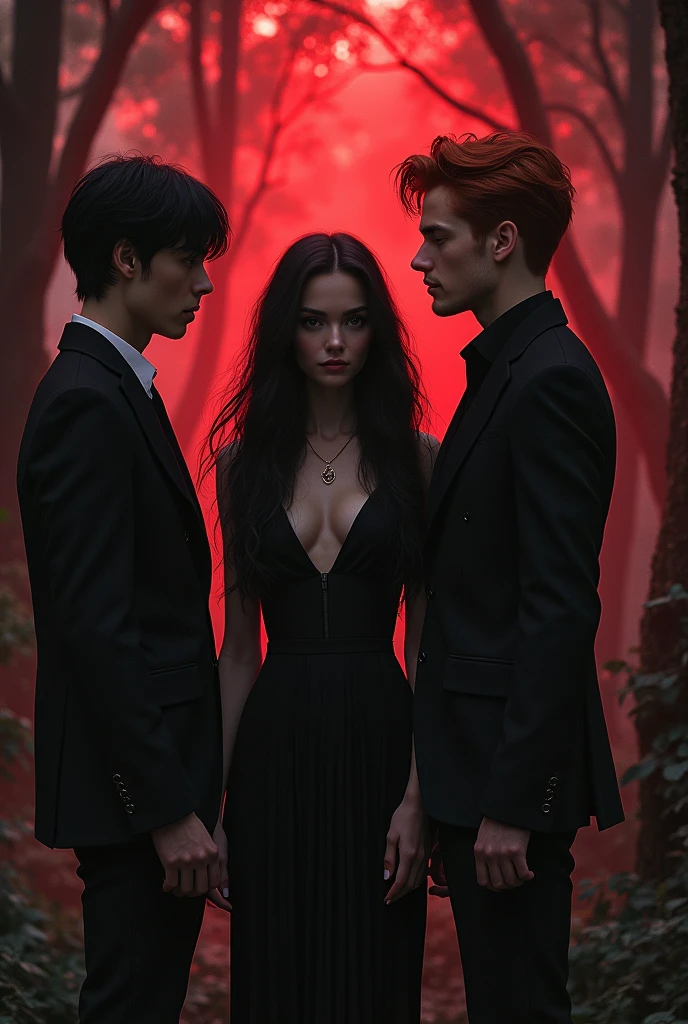 I want an image of a beautiful girl with long black hair and dark brown eyes in the dark forest with red lighting in the background of the forest. Next to the girl is a very handsome, tall man with black hair and an elegant suit. On the other side of the girl is a handsome, tall redhead dressed casually. 