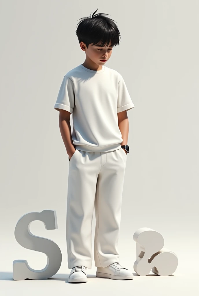 It's a boy's character, in which the boy is wearing a long white t-shirt and white pants, and the boy should also have a smart watch on his hand, and in the background, there should be a small 'S' letter. He should be standing next to it, and both of his hands should be in his pant pockets. He should look cool, and his hair should be stylish and messy, and his face should be looking downwards. 