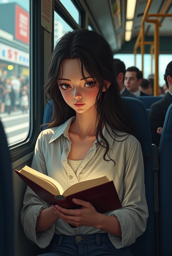Now generate me an image of a young woman reading on a bus