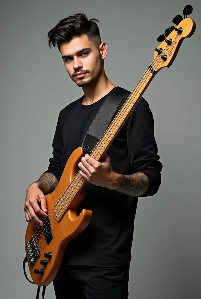 Young dark-haired man at the age of 23, with a razor-sharp fade haircut holding a 5-string bass guitar in natural wood color