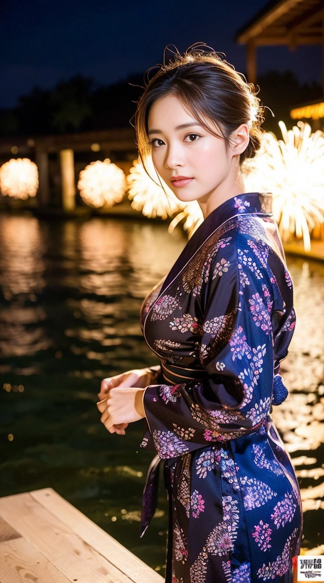 Dark brown hair、Light brown eyes、Japanese actress、 Lady、I am about 40 years old..、(Intricate details:1.2)、(Which is higher???:1.4)、 (Ultra-high resolution:1.2)、Ultra-high resolution、(Fine-tune)、(Detailed facial features)、Hmph、8k resolution、D cup size breasts、Long Hair、Hue、night、,Full body photo、firework、yukata、firework大会、日本のfirework、日本のyukata、band、Summer in Japan、Updo、