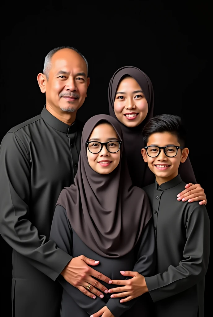 studio photo of a family of four, wearing Muslim clothes with the same theme. 72-year-old father with a thin bald hairstyle, 70-year-old mother wearing a hijab, 25-year-old son wearing glasses with a neat thin hairstyle, 19-year-old son with a neat thin hairstyle. with a black background